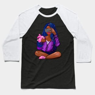 Cool edgy girl with natural afro hair in pink braids and camera phone black girl Magic. “African American woman”,teenager, African American teen Baseball T-Shirt